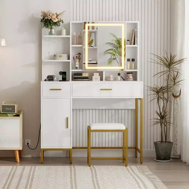 Makeup Vanity with Power Outlet, Vanity Desk with Mirror and Lights, Makeup Vanity Table with 2 Drawers, 9 Open Shelves& 2 Cabinets, Dressing Table