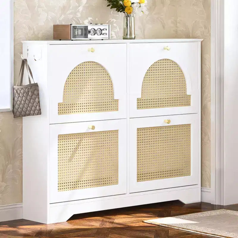 CLIHOME Mid-Century Narrow Design Tipping Bucket Shoe Cabinet with 4 Flip Drawers, Elegant Entryway Shoe Organizer with 4 Rattan Doors