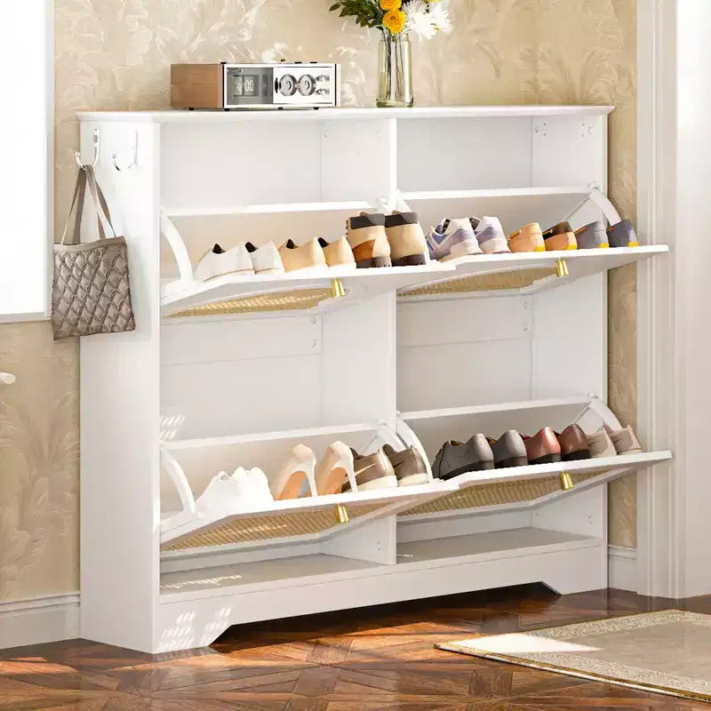 CLIHOME Mid-Century Narrow Design Tipping Bucket Shoe Cabinet with 4 Flip Drawers, Elegant Entryway Shoe Organizer with 4 Rattan Doors