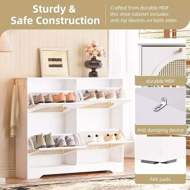 CLIHOME Mid-Century Narrow Design Tipping Bucket Shoe Cabinet with 4 Flip Drawers, Elegant Entryway Shoe Organizer with 4 Rattan Doors