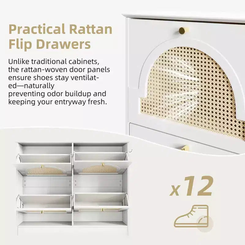 CLIHOME Mid-Century Narrow Design Tipping Bucket Shoe Cabinet with 4 Flip Drawers, Elegant Entryway Shoe Organizer with 4 Rattan Doors