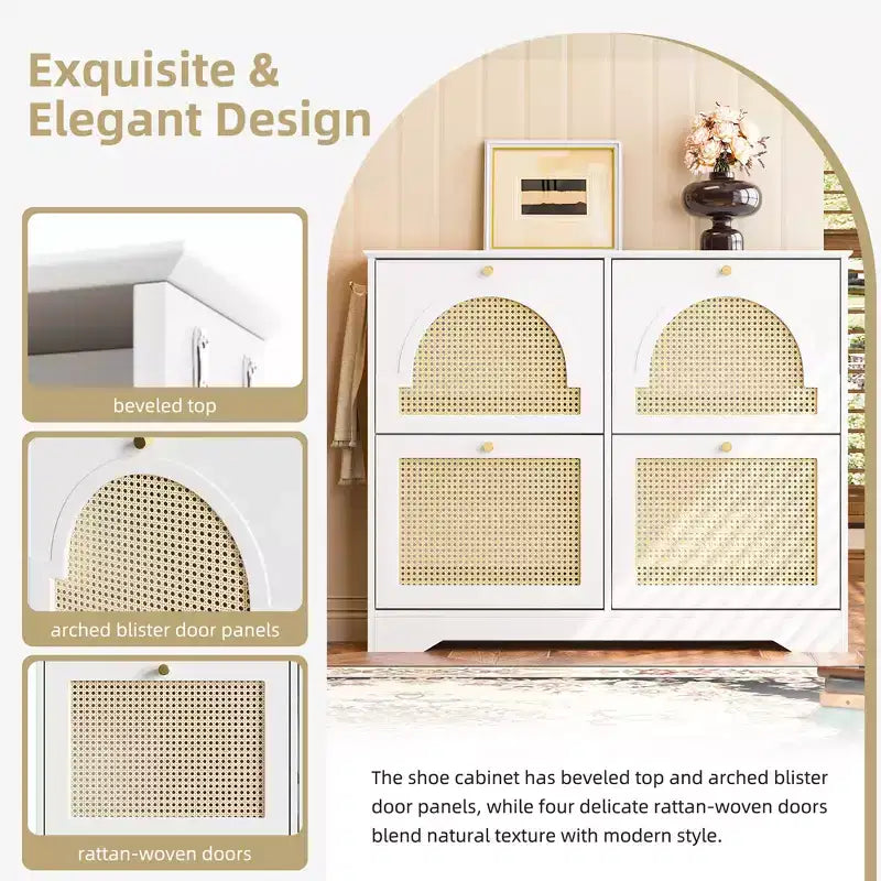 CLIHOME Mid-Century Narrow Design Tipping Bucket Shoe Cabinet with 4 Flip Drawers, Elegant Entryway Shoe Organizer with 4 Rattan Doors
