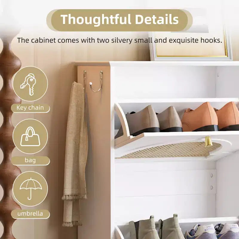 CLIHOME Mid-Century Narrow Design Tipping Bucket Shoe Cabinet with 4 Flip Drawers, Elegant Entryway Shoe Organizer with 4 Rattan Doors