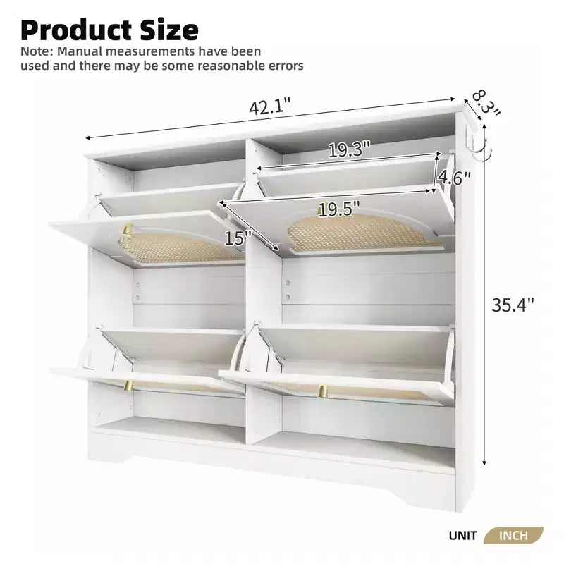CLIHOME Mid-Century Narrow Design Tipping Bucket Shoe Cabinet with 4 Flip Drawers, Elegant Entryway Shoe Organizer with 4 Rattan Doors
