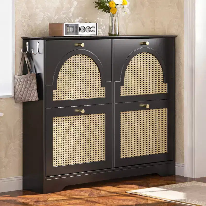 CLIHOME Mid-Century Narrow Design Tipping Bucket Shoe Cabinet with 4 Flip Drawers, Elegant Entryway Shoe Organizer with 4 Rattan Doors