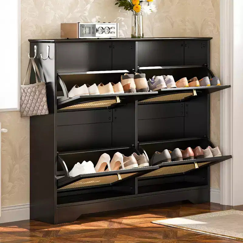 CLIHOME Mid-Century Narrow Design Tipping Bucket Shoe Cabinet with 4 Flip Drawers, Elegant Entryway Shoe Organizer with 4 Rattan Doors