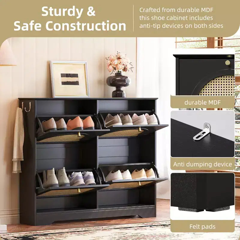 CLIHOME Mid-Century Narrow Design Tipping Bucket Shoe Cabinet with 4 Flip Drawers, Elegant Entryway Shoe Organizer with 4 Rattan Doors
