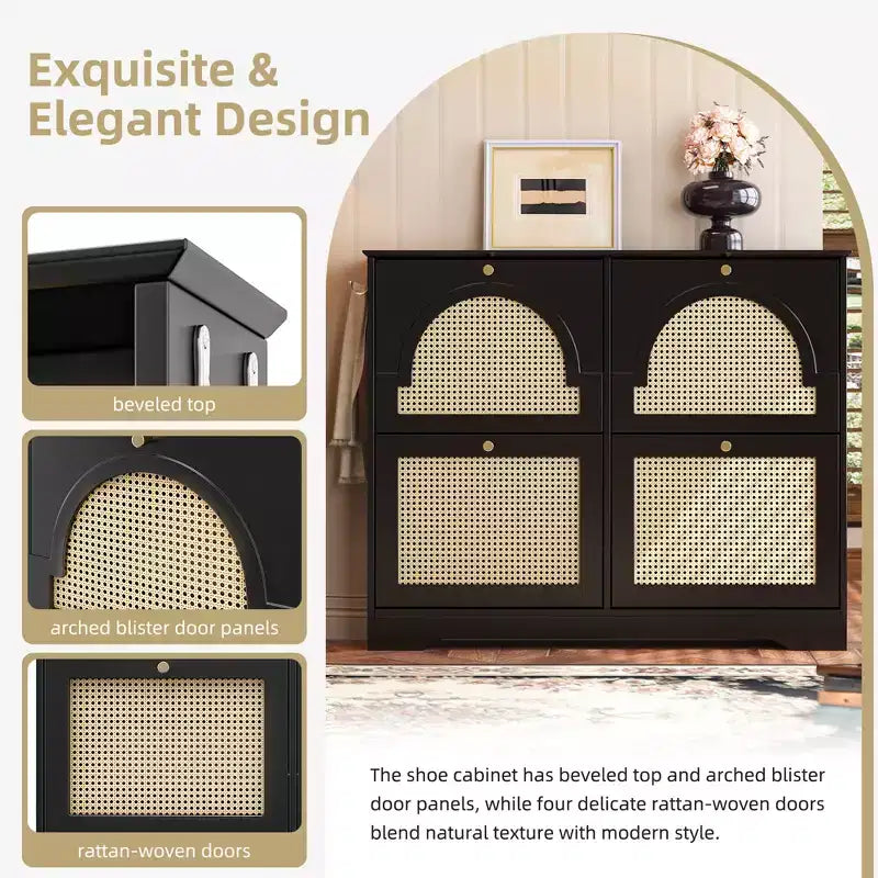 CLIHOME Mid-Century Narrow Design Tipping Bucket Shoe Cabinet with 4 Flip Drawers, Elegant Entryway Shoe Organizer with 4 Rattan Doors