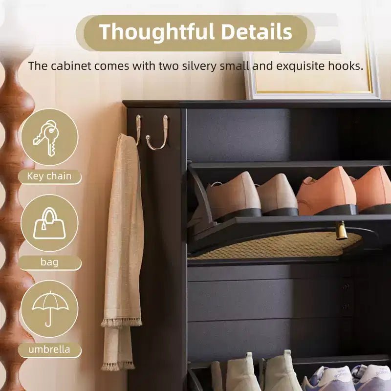 CLIHOME Mid-Century Narrow Design Tipping Bucket Shoe Cabinet with 4 Flip Drawers, Elegant Entryway Shoe Organizer with 4 Rattan Doors