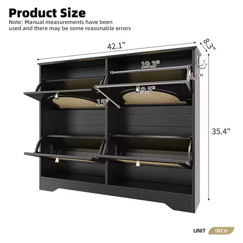 CLIHOME Mid-Century Narrow Design Tipping Bucket Shoe Cabinet with 4 Flip Drawers, Elegant Entryway Shoe Organizer with 4 Rattan Doors