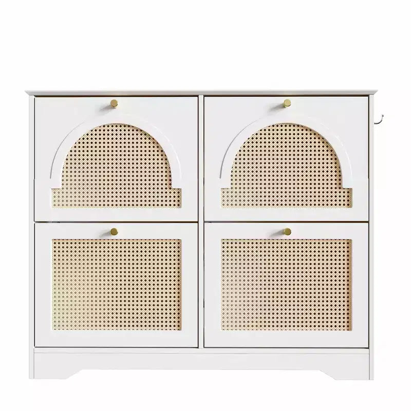 CLIHOME Mid-Century Narrow Design Tipping Bucket Shoe Cabinet with 4 Flip Drawers, Elegant Entryway Shoe Organizer with 4 Rattan Doors