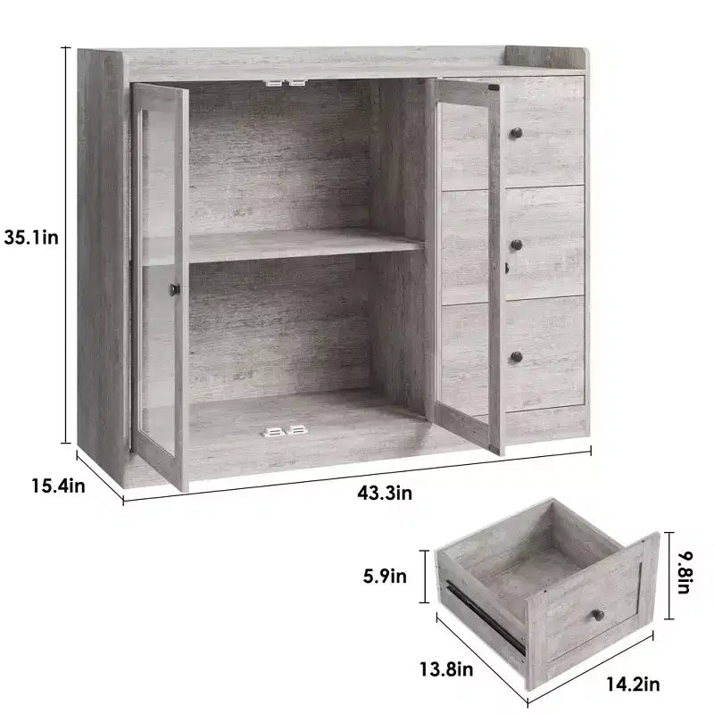 43 Buffet Cabinet with Storage Modern Sideboard Kitchen Cabinet with Guardrail Design & Adjustable Shelves & 3 Drawers, Wood Buffet Table