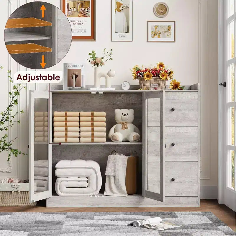 43 Buffet Cabinet with Storage Modern Sideboard Kitchen Cabinet with Guardrail Design & Adjustable Shelves & 3 Drawers, Wood Buffet Table