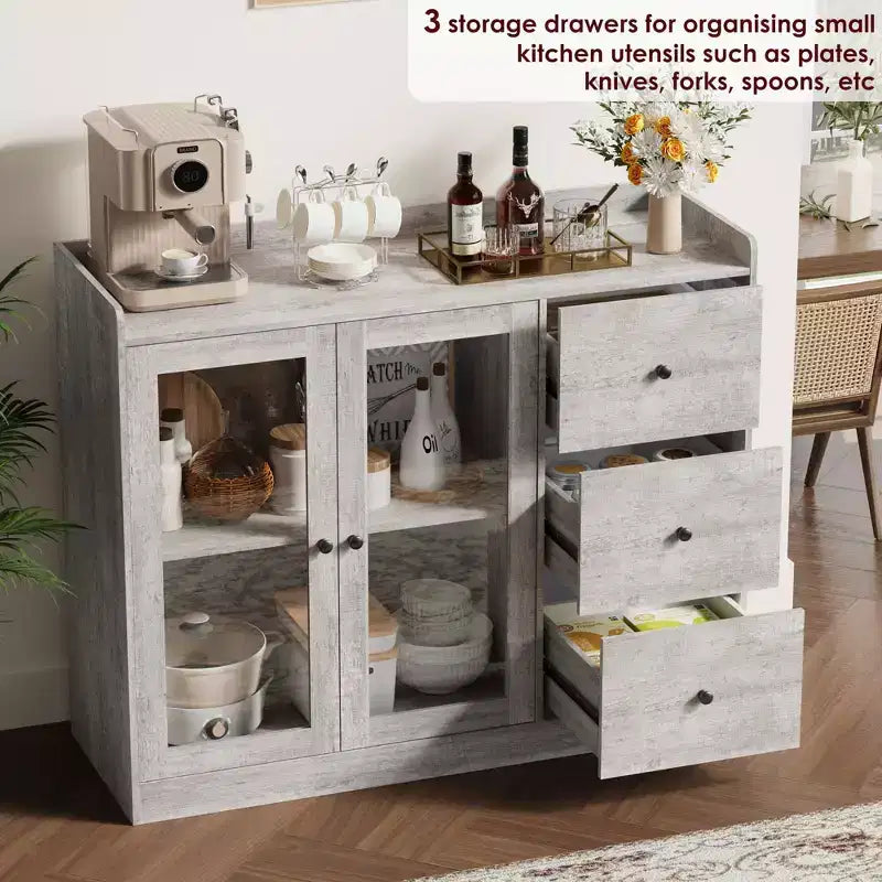 43 Buffet Cabinet with Storage Modern Sideboard Kitchen Cabinet with Guardrail Design & Adjustable Shelves & 3 Drawers, Wood Buffet Table