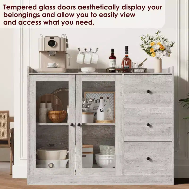 43 Buffet Cabinet with Storage Modern Sideboard Kitchen Cabinet with Guardrail Design & Adjustable Shelves & 3 Drawers, Wood Buffet Table