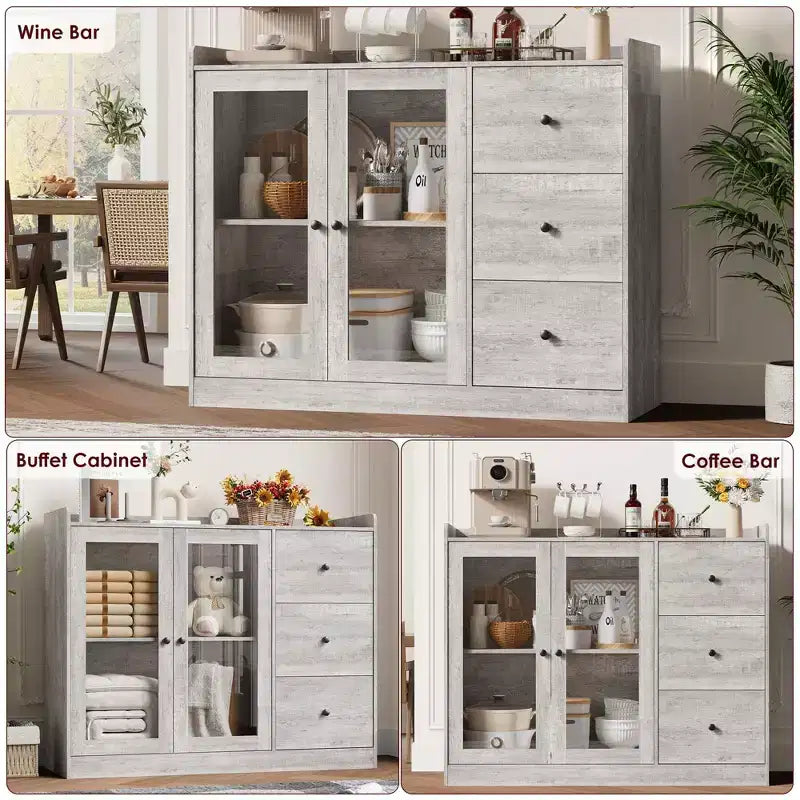 43 Buffet Cabinet with Storage Modern Sideboard Kitchen Cabinet with Guardrail Design & Adjustable Shelves & 3 Drawers, Wood Buffet Table
