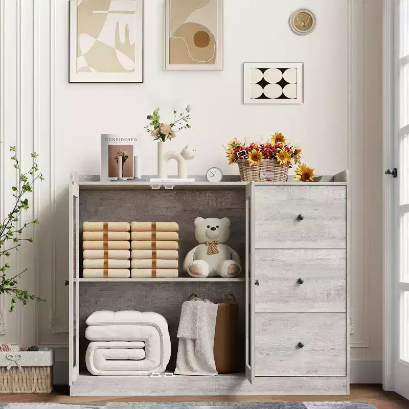 43 Buffet Cabinet with Storage Modern Sideboard Kitchen Cabinet with Guardrail Design & Adjustable Shelves & 3 Drawers, Wood Buffet Table