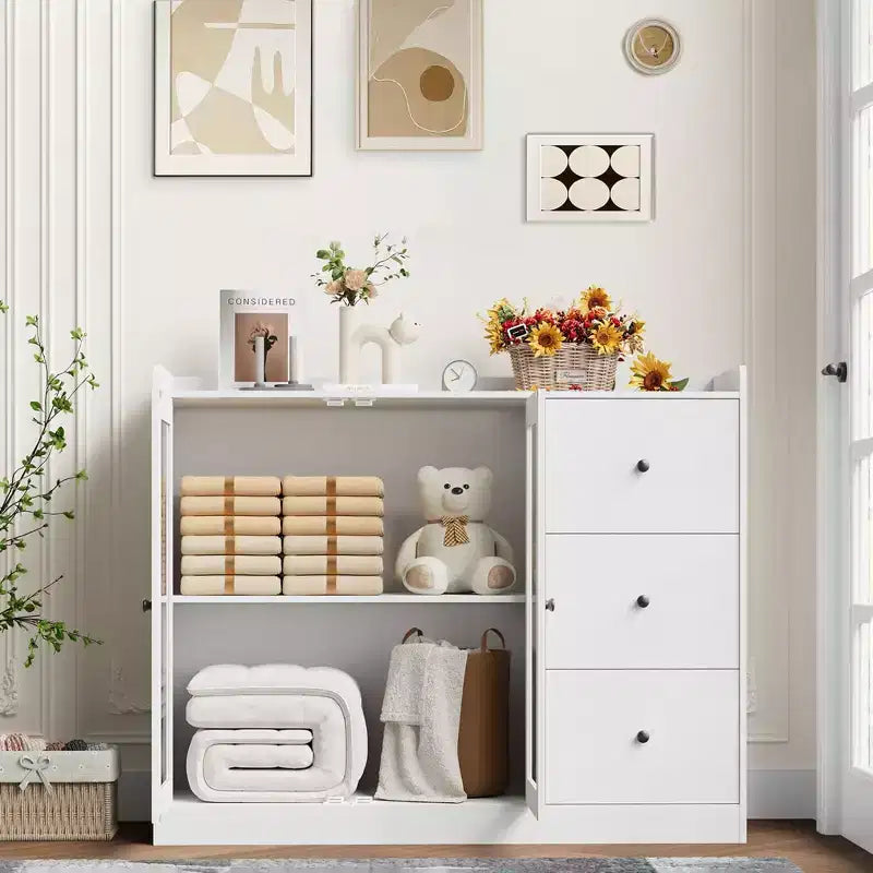 43 Buffet Cabinet with Storage Modern Sideboard Kitchen Cabinet with Guardrail Design & Adjustable Shelves & 3 Drawers, Wood Buffet Table