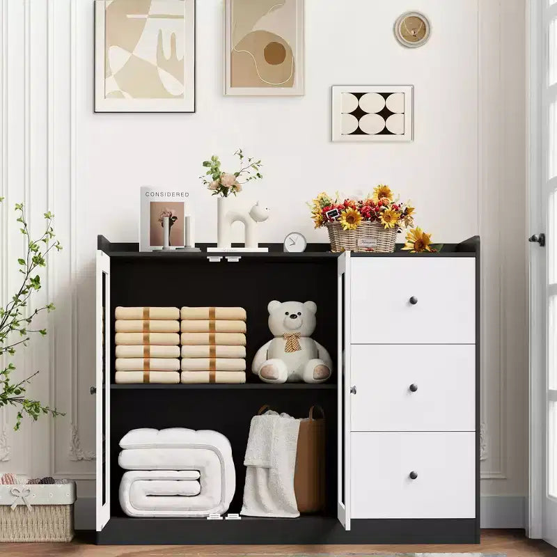 43 Buffet Cabinet with Storage Modern Sideboard Kitchen Cabinet with Guardrail Design & Adjustable Shelves & 3 Drawers, Wood Buffet Table