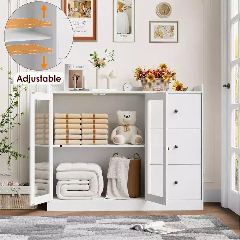 43 Buffet Cabinet with Storage Modern Sideboard Kitchen Cabinet with Guardrail Design & Adjustable Shelves & 3 Drawers, Wood Buffet Table