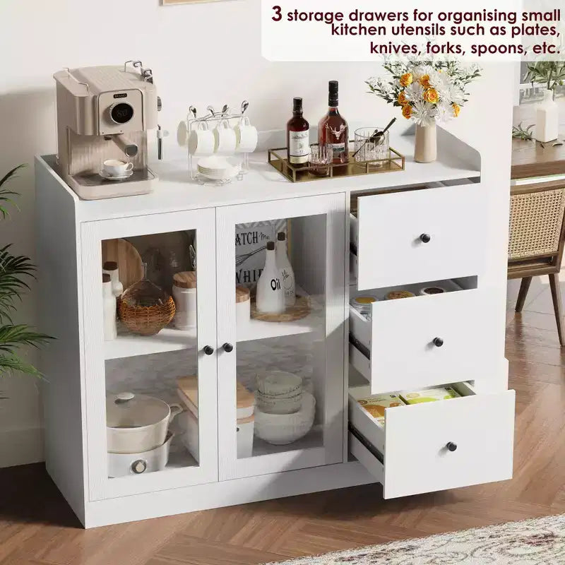 43 Buffet Cabinet with Storage Modern Sideboard Kitchen Cabinet with Guardrail Design & Adjustable Shelves & 3 Drawers, Wood Buffet Table