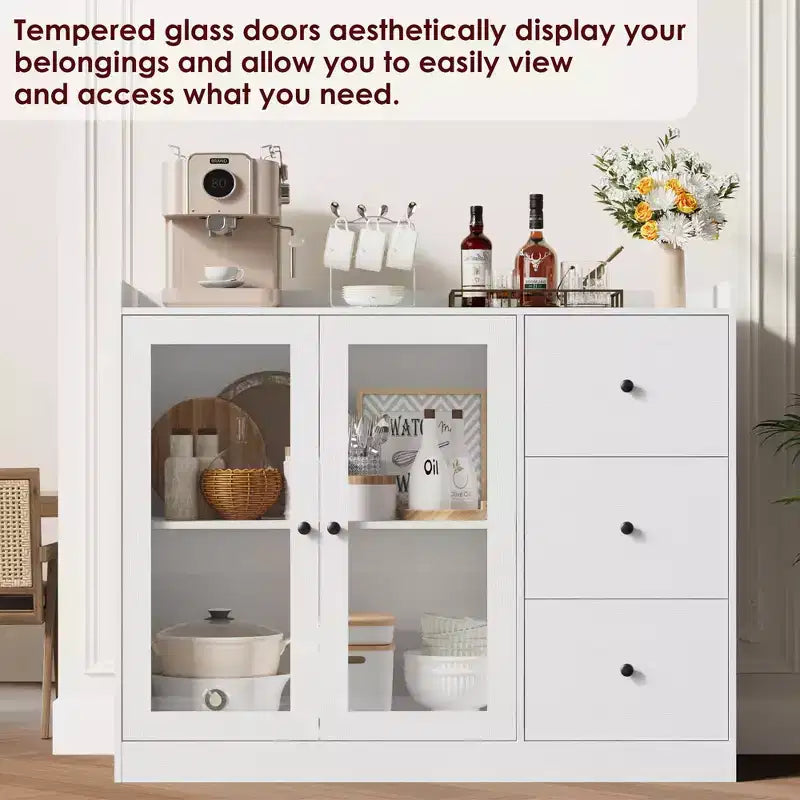 43 Buffet Cabinet with Storage Modern Sideboard Kitchen Cabinet with Guardrail Design & Adjustable Shelves & 3 Drawers, Wood Buffet Table