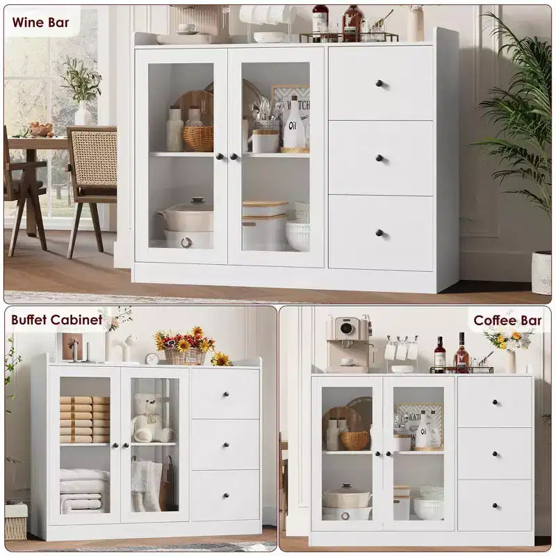 43 Buffet Cabinet with Storage Modern Sideboard Kitchen Cabinet with Guardrail Design & Adjustable Shelves & 3 Drawers, Wood Buffet Table