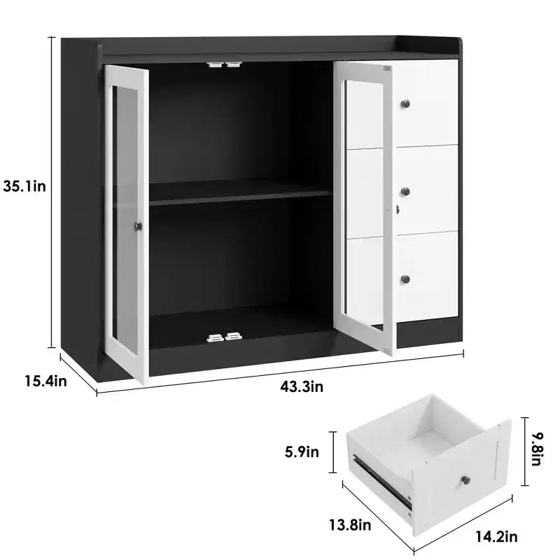 43 Buffet Cabinet with Storage Modern Sideboard Kitchen Cabinet with Guardrail Design & Adjustable Shelves & 3 Drawers, Wood Buffet Table