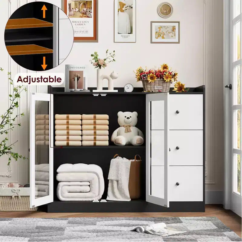 43 Buffet Cabinet with Storage Modern Sideboard Kitchen Cabinet with Guardrail Design & Adjustable Shelves & 3 Drawers, Wood Buffet Table