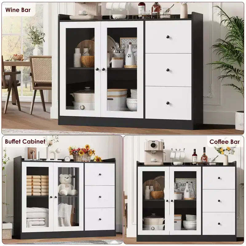 43 Buffet Cabinet with Storage Modern Sideboard Kitchen Cabinet with Guardrail Design & Adjustable Shelves & 3 Drawers, Wood Buffet Table