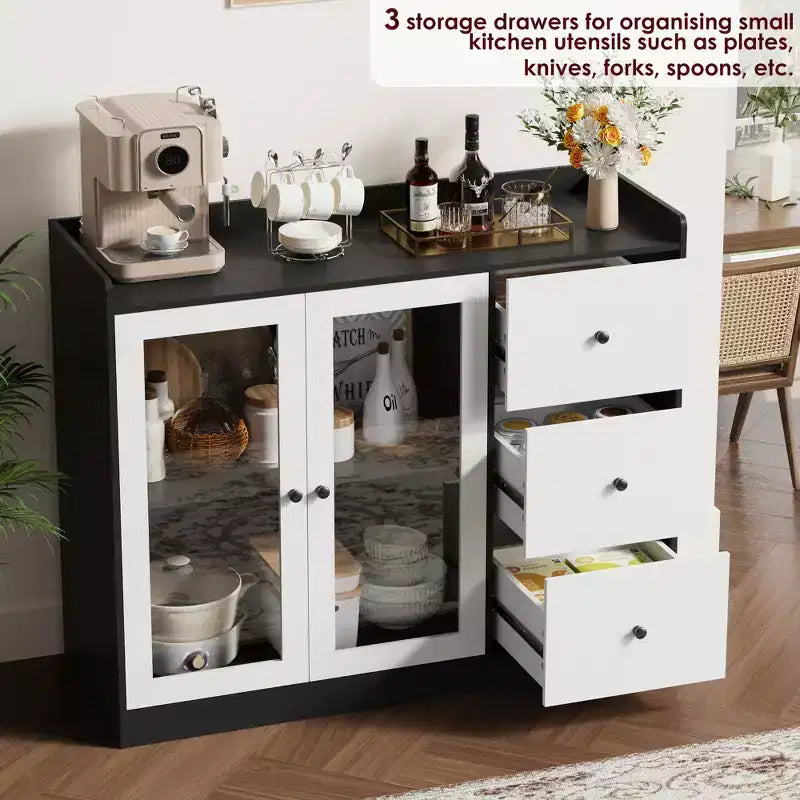 43 Buffet Cabinet with Storage Modern Sideboard Kitchen Cabinet with Guardrail Design & Adjustable Shelves & 3 Drawers, Wood Buffet Table