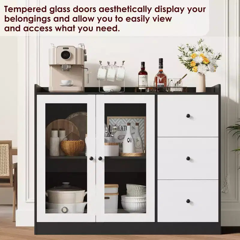 43 Buffet Cabinet with Storage Modern Sideboard Kitchen Cabinet with Guardrail Design & Adjustable Shelves & 3 Drawers, Wood Buffet Table