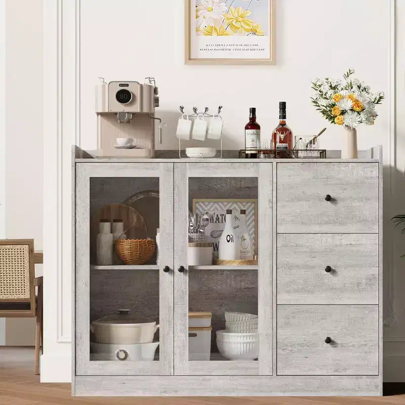 43 Buffet Cabinet with Storage Modern Sideboard Kitchen Cabinet with Guardrail Design & Adjustable Shelves & 3 Drawers, Wood Buffet Table