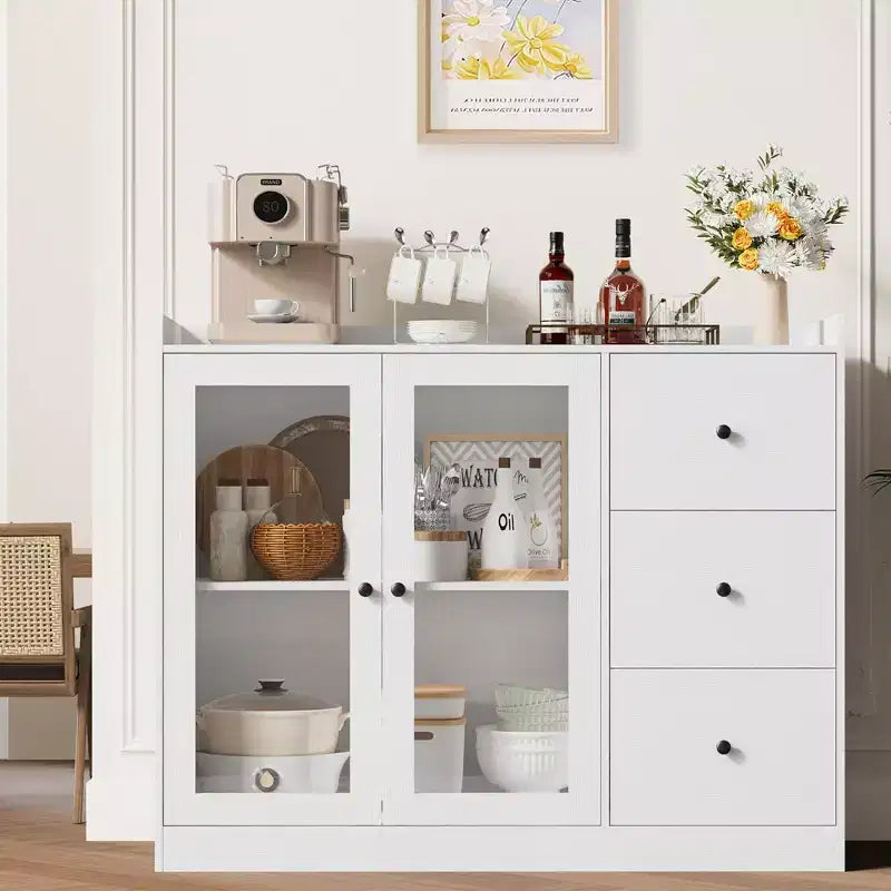 43 Buffet Cabinet with Storage Modern Sideboard Kitchen Cabinet with Guardrail Design & Adjustable Shelves & 3 Drawers, Wood Buffet Table