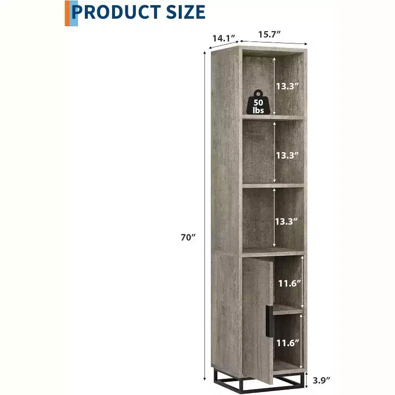 Meuble de salle de bain haut, 70 Armoire de rangement étroite avec porte et étagère réglable, Rangement ouvert sur pied pour buanderie, cuisine, salon