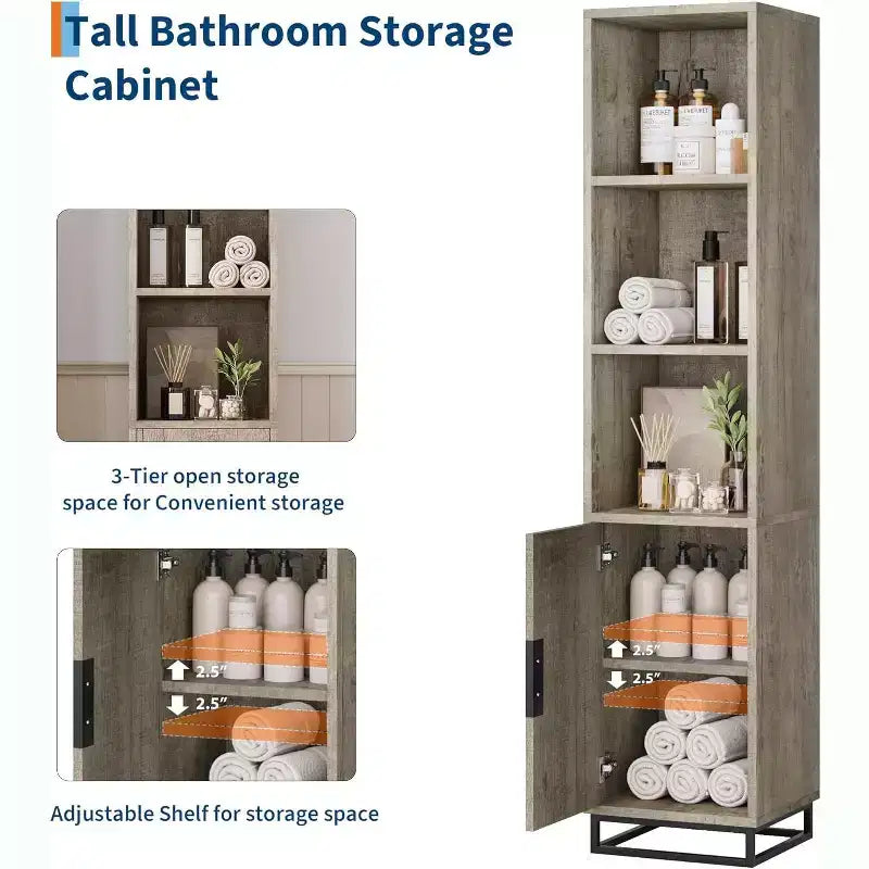 Meuble de salle de bain haut, 70 Armoire de rangement étroite avec porte et étagère réglable, Rangement ouvert sur pied pour buanderie, cuisine, salon