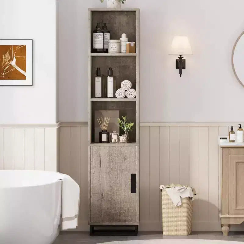 Meuble de salle de bain haut, 70 Armoire de rangement étroite avec porte et étagère réglable, Rangement ouvert sur pied pour buanderie, cuisine, salon