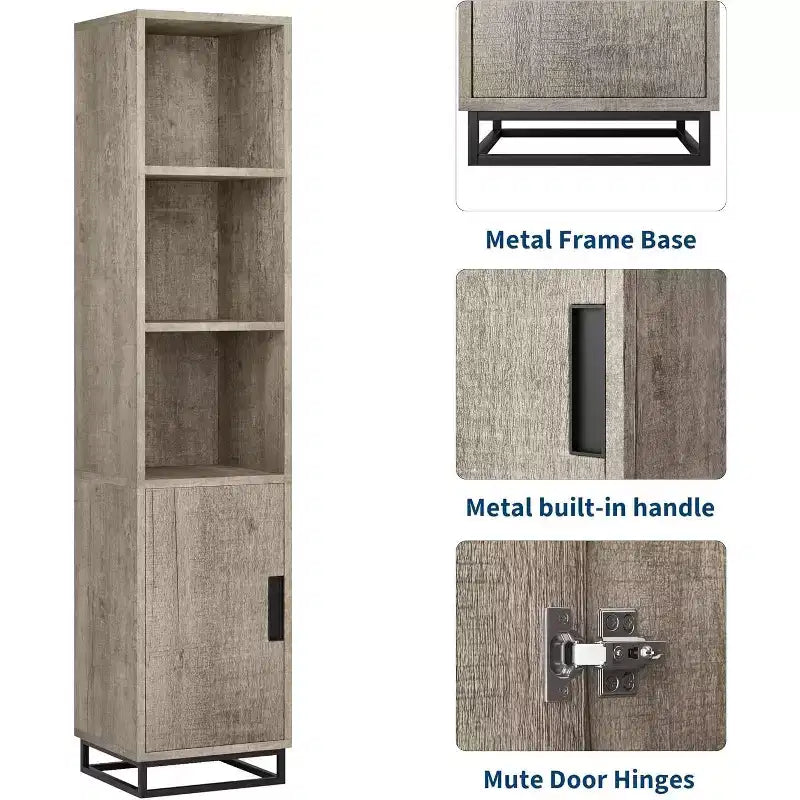 Meuble de salle de bain haut, 70 Armoire de rangement étroite avec porte et étagère réglable, Rangement ouvert sur pied pour buanderie, cuisine, salon