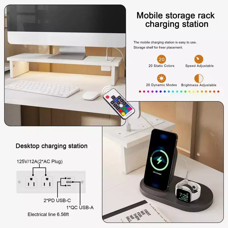 Hausource Foldable Extendable Computer Desk Writing Workstation Study Table with Hutch Charging Station