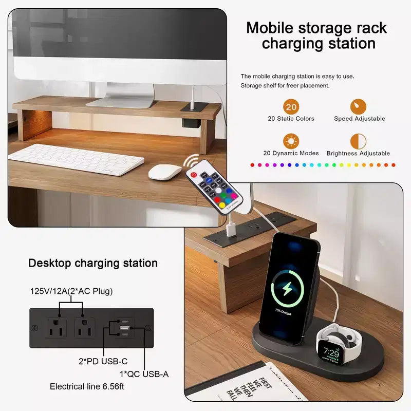 Hausource Foldable Extendable Computer Desk Writing Workstation Study Table with Hutch Charging Station