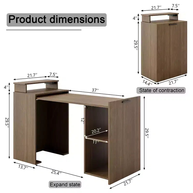 Hausource Foldable Extendable Computer Desk Writing Workstation Study Table with Hutch Charging Station