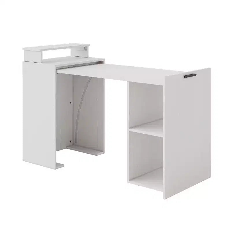 Hausource Foldable Extendable Computer Desk Writing Workstation Study Table with Hutch Charging Station