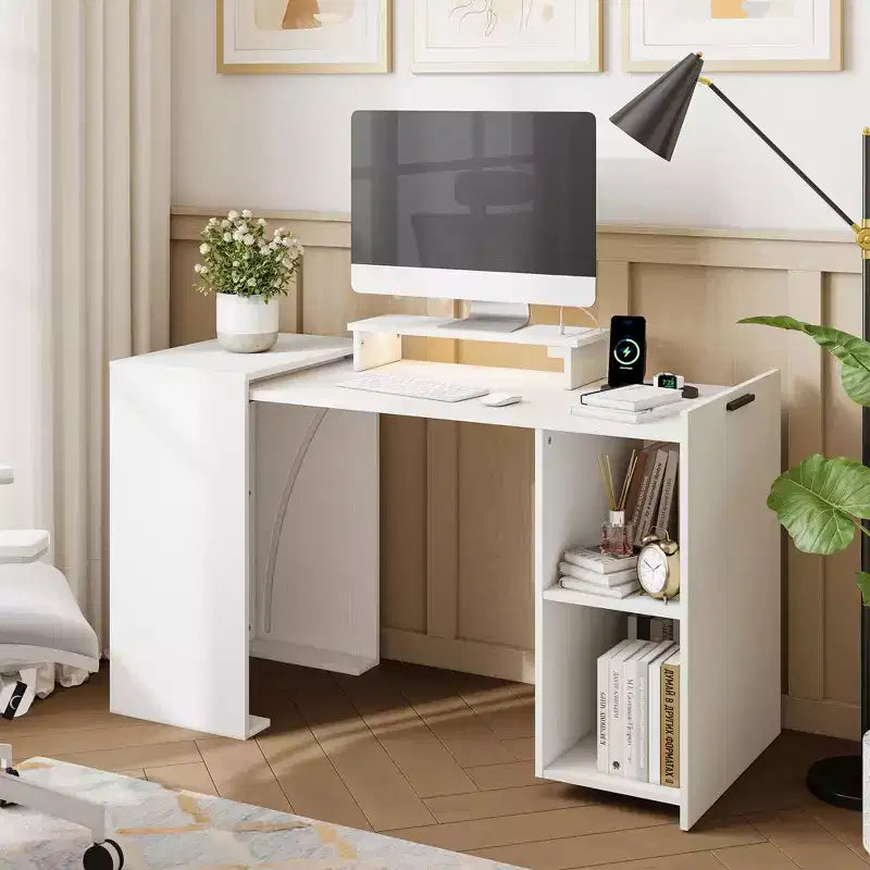 Hausource Foldable Extendable Computer Desk Writing Workstation Study Table with Hutch Charging Station