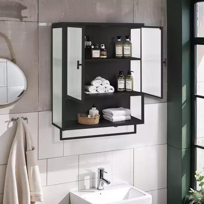 Okak Modern 2-door Wall Cabinet with Featuring 2-tier Storage & Open Shelf, Towel Rack for Entryway/Dining Room/Living Room/Kitchen