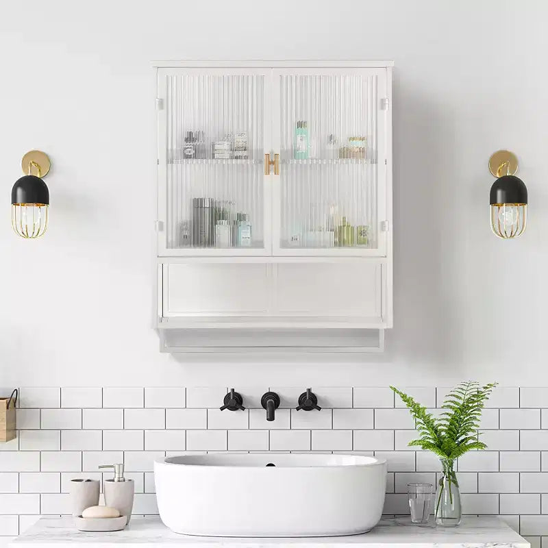 Okak Modern 2-door Wall Cabinet with Featuring 2-tier Storage & Open Shelf, Towel Rack for Entryway/Dining Room/Living Room/Kitchen