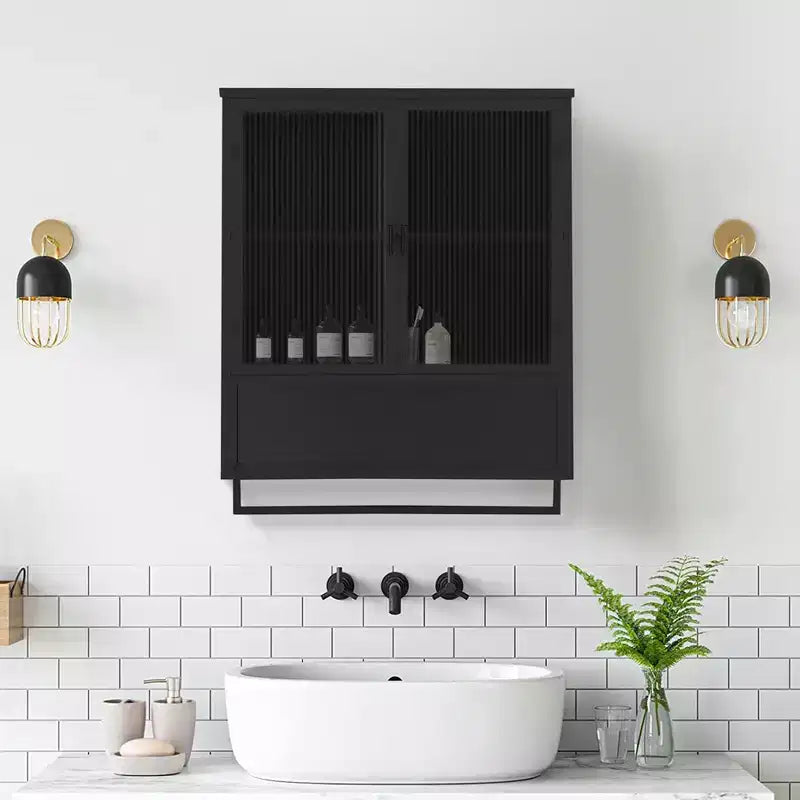 Okak Modern 2-door Wall Cabinet with Featuring 2-tier Storage & Open Shelf, Towel Rack for Entryway/Dining Room/Living Room/Kitchen