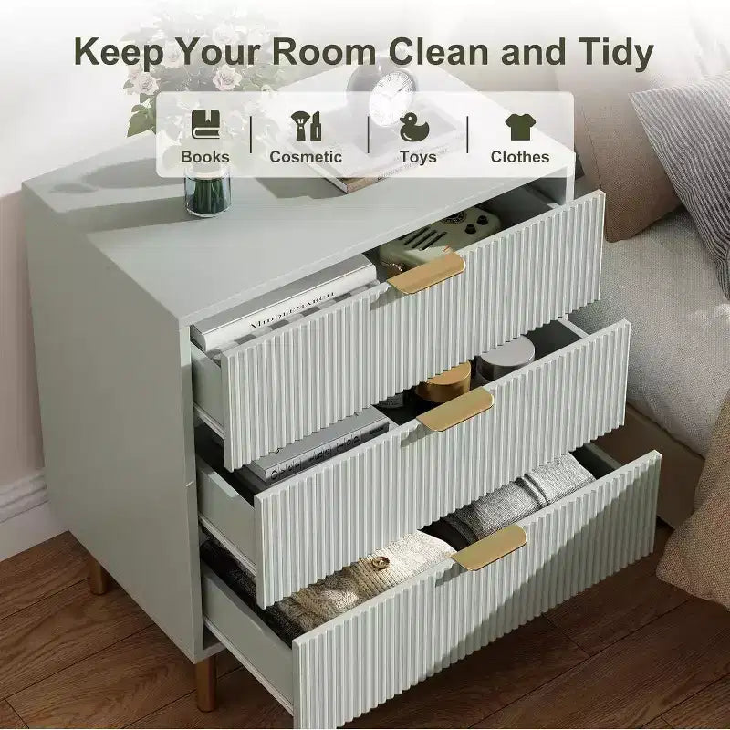 Modern 3 Drawer Dresser for Bedroom with Gold Handle and Large Drawer, Wood Double Chest of Drawers and Storage Organizer for Home