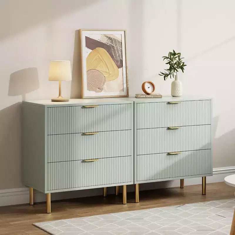 Modern 3 Drawer Dresser for Bedroom with Gold Handle and Large Drawer, Wood Double Chest of Drawers and Storage Organizer for Home