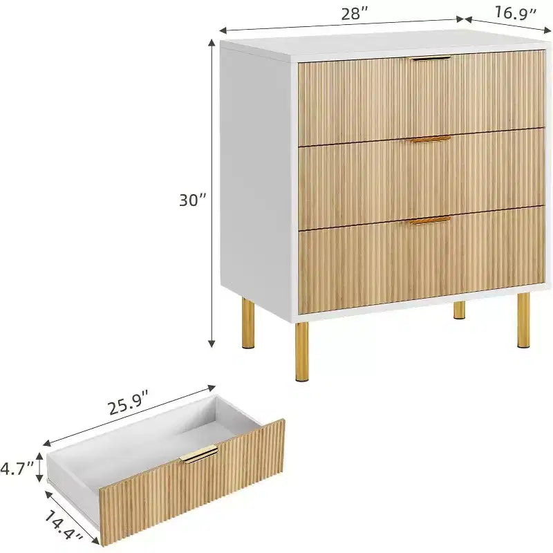 Modern 3 Drawer Dresser for Bedroom with Gold Handle and Large Drawer, Wood Double Chest of Drawers and Storage Organizer for Home