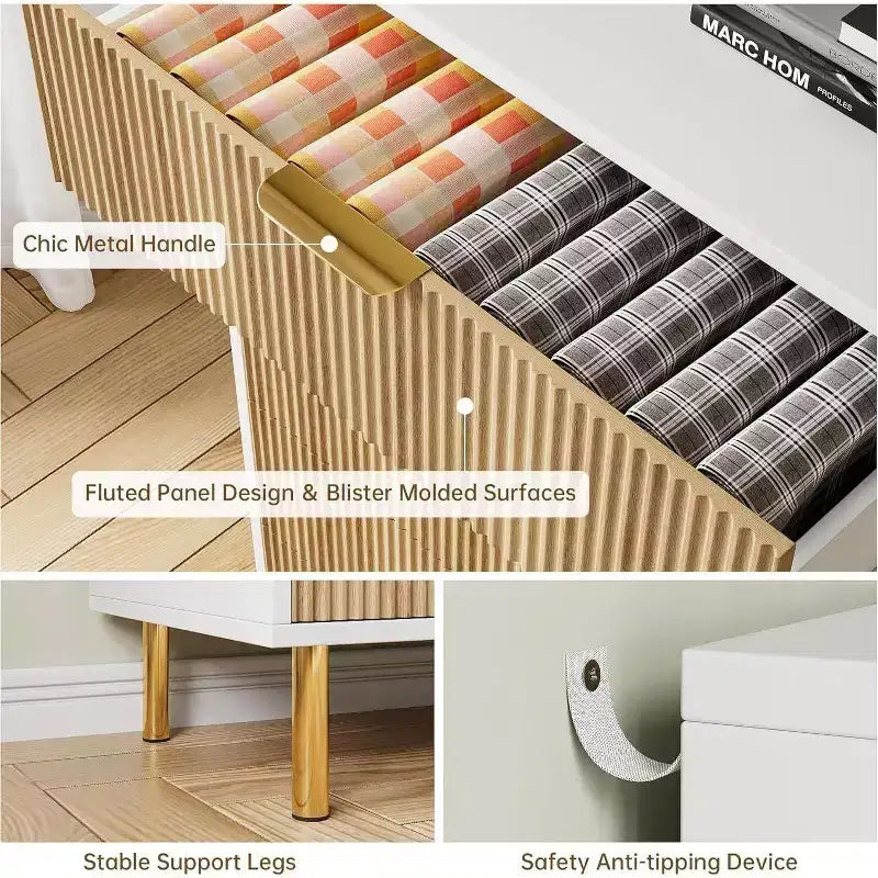 Modern 3 Drawer Dresser for Bedroom with Gold Handle and Large Drawer, Wood Double Chest of Drawers and Storage Organizer for Home